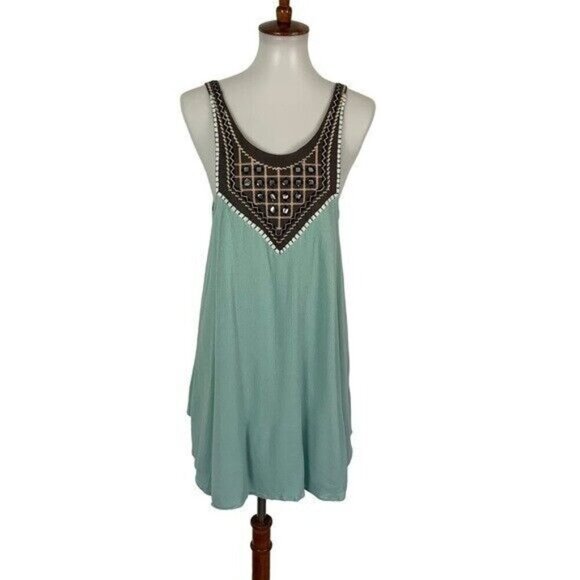 Umgee USA Boho Chic Beaded Embroidered Tunic Top Aqua Blue Flowy Tank Large - Picture 1 of 6